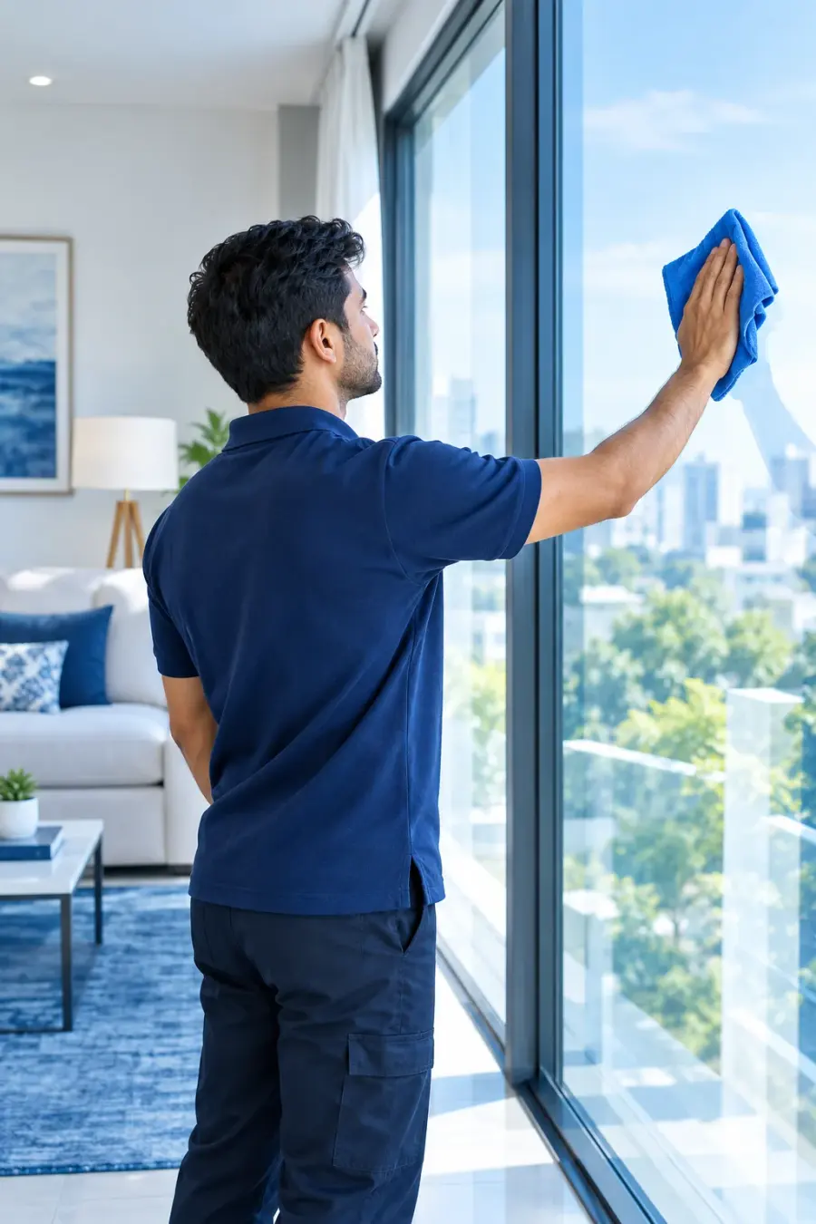Promark cleaner wiping down a large window
