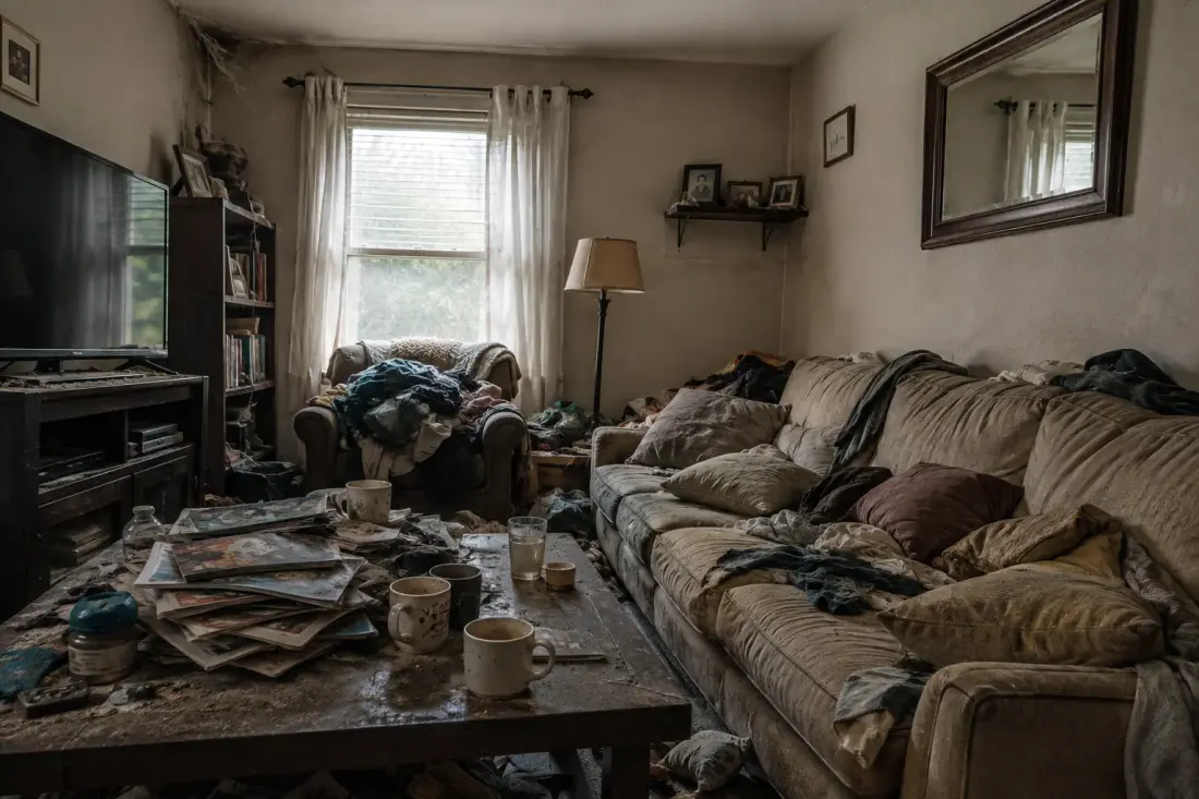 Cluttered living room before cleaning