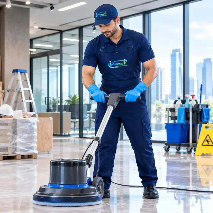 Floor machine cleaning an office floor