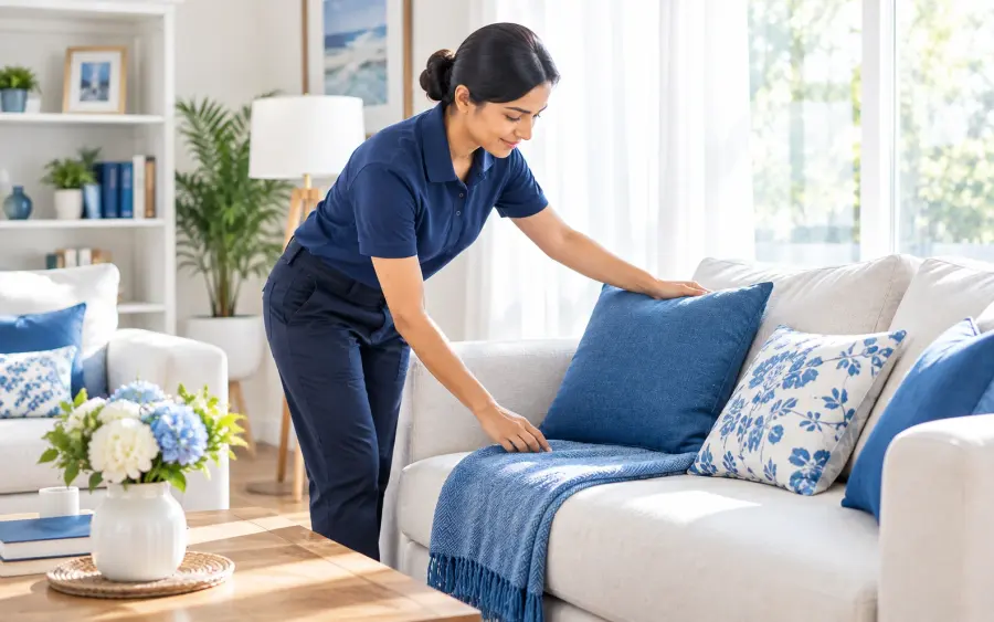 Cleaner straightening cushions on a freshly cleaned sofa