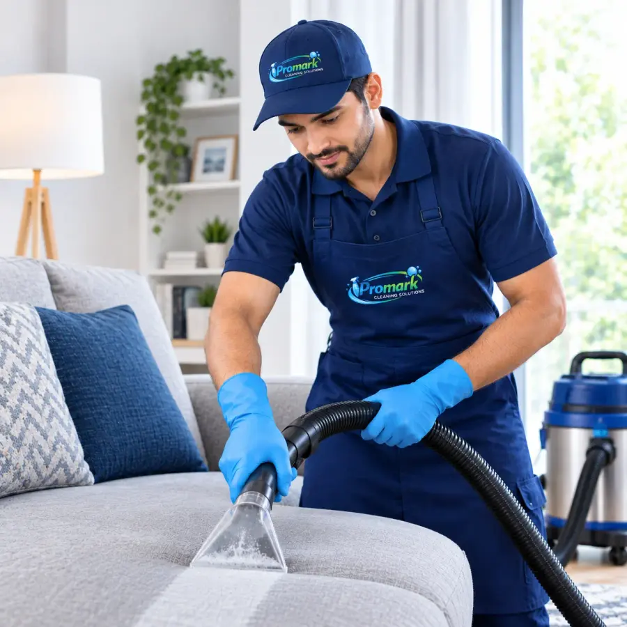Upholstery cleaning on a grey fabric sofa