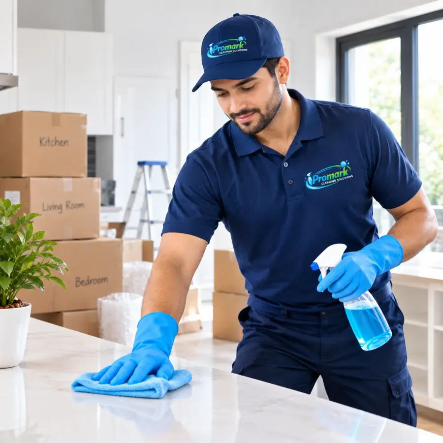 Cleaner wiping a kitchen worktop in an empty property with moving boxes